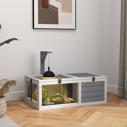 PawHut Wooden Tortoise Enclosure, Tortoise House w/ Lamp Holder, for Outdoor & Indoor - Light Grey