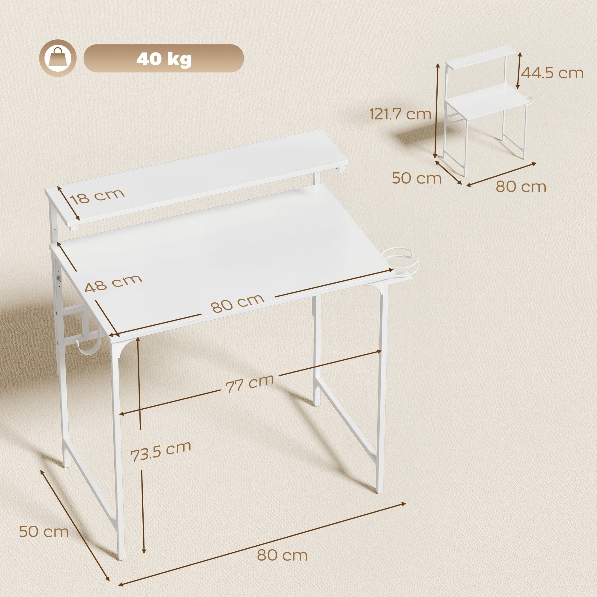 HOMCOM Computer Desk, 80cm Home Office Study Table with Hutch Shelf, Cup Holder, Headphone Hook, White