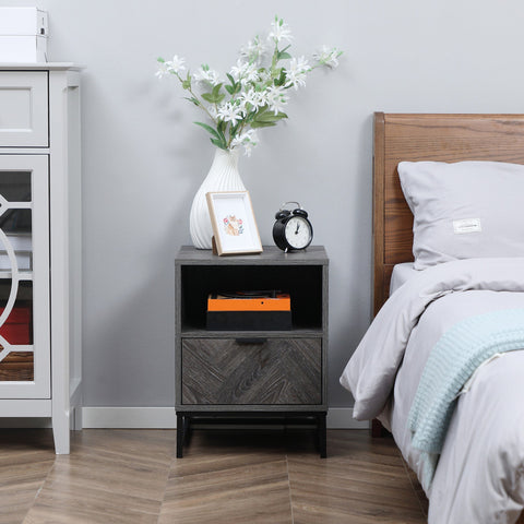 HOMCOM Bedside Table with Drawer and Shelf, Side End Table with Steel Legs for Living Room, Bedroom, Set of 2, Dark Grey