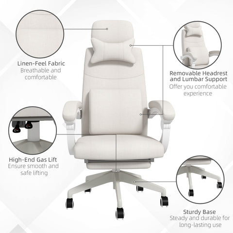 Vinsetto Linen-Look Office Chair, with 160\'c2\'b0 Reclining Back and Footrest - White