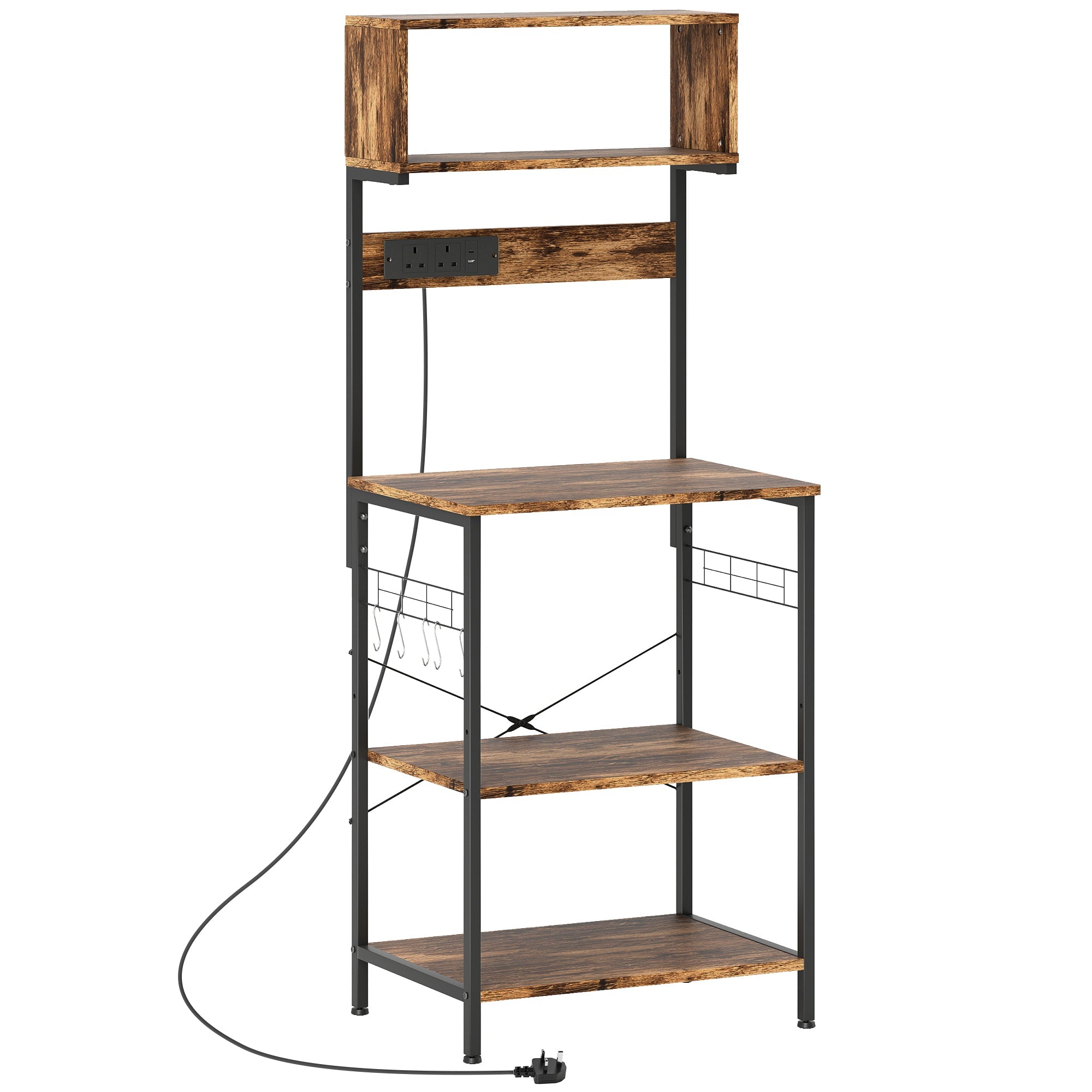 HOMCOM Kitchen Storage Rack, Bakers Rack with Power Outlet, USB Charger, Rustic Brown