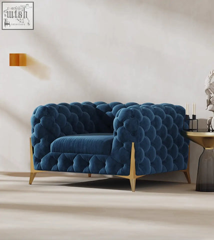 Deep blue velvet aaron two seater sofa with tufted quilted upholstery and gold-tone metal legs offer financing available