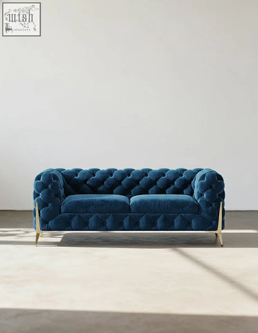 Deep blue velvet aaron two seater sofa with tufted design and gold-tone legs offer financing and low shipping cost