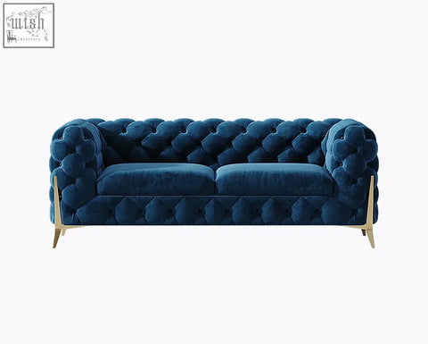Deep blue velvet tufted aaron two seater sofa with gold tone legs offering financing and low shipping cost options