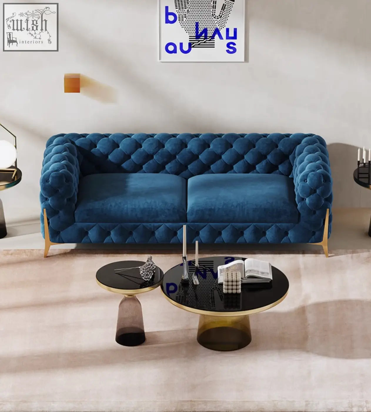 Deep blue tufted velvet two seater sofa with gold-tone legs offer financing and low shipping cost available