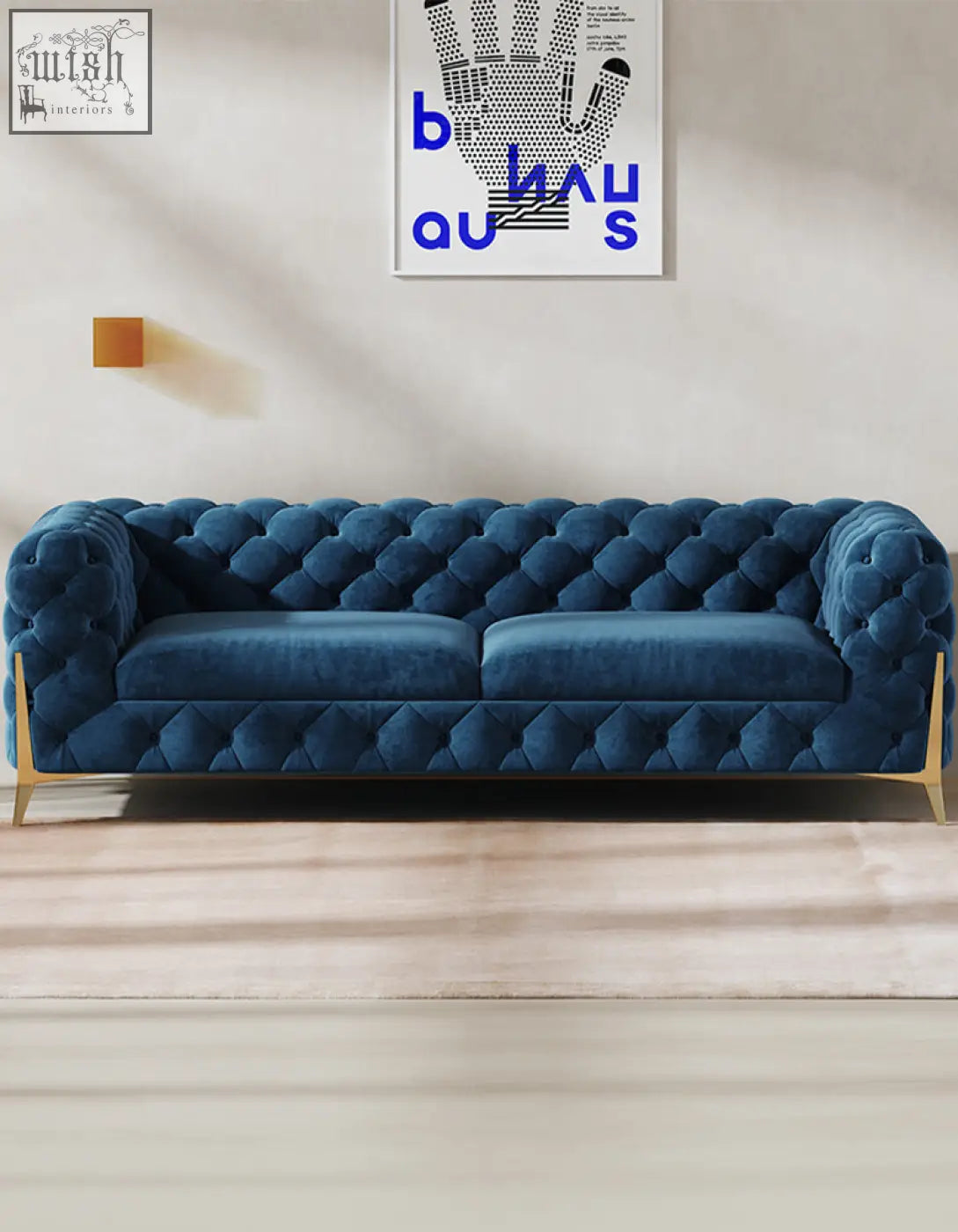 Deep blue velvet aaron two seater sofa with tufted design and gold tone legs offer financing and low shipping cost