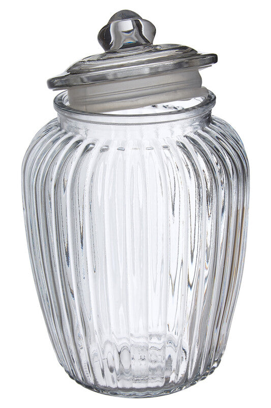 Abbie design glass storage jar with vertical ridges clear glass and decorative metallic knob lid 2280ml capacity