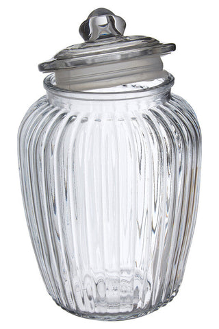 Abbie design glass storage jar with vertical ridges clear glass and decorative metallic knob lid 2280ml capacity