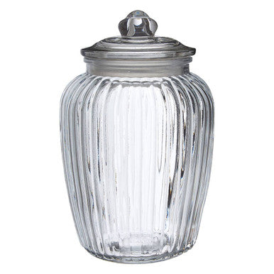 Abbie design glass storage jar 2280ml clear glass with vertical ridges and matching lid with decorative knob
