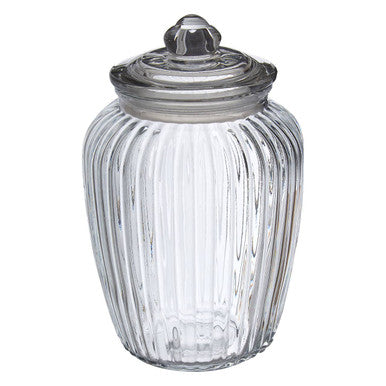 Abbie design glass storage jar 2280ml clear glass with vertical ridges and matching lid with faceted knob