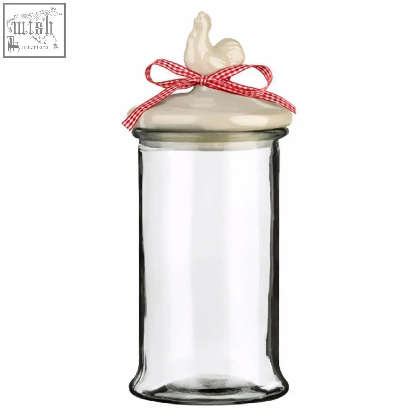 Abbie glass storage jar 1650ml with clear glass body cream ceramic lid and red white checkered ribbon storage jar