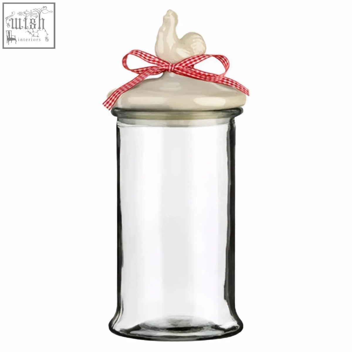 Abbie glass storage jar 1650ml with clear glass body cream ceramic lid and red white checkered ribbon storage jar