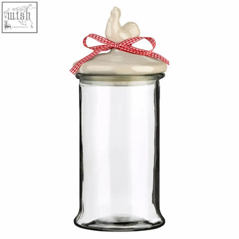 Abbie glass storage jar 1650ml with clear glass body cream ceramic lid and red white checkered ribbon storage jar