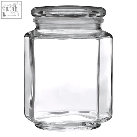 Clear glass hexagonal glass storage jar abbie 780ml with matching lid for stylish kitchen organization