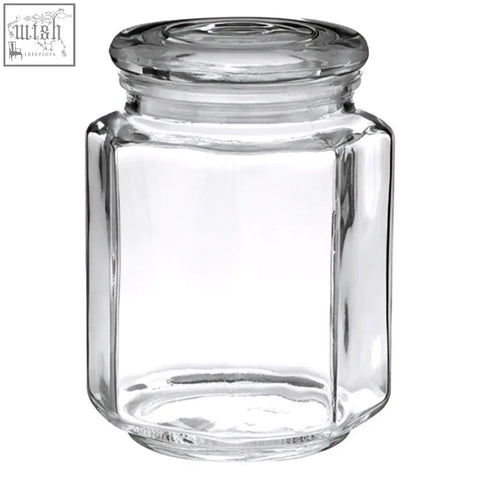 Clear abbie hexagonal glass storage jar with matching lid 780ml perfect for kitchen organization
