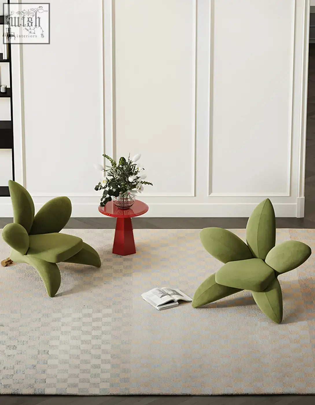 Olive green plush fabric flower-shaped armchairs paired with a red abbott side table coffee table set