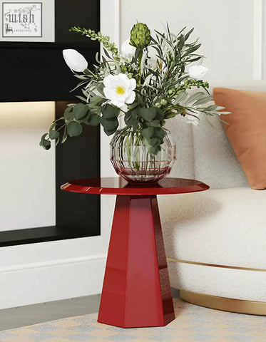 Abbott side table in glossy red with a geometric hexagonal base and circular top perfect for coffee table set