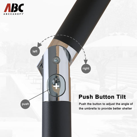 Chrome push button tilt mechanism on black pole of abccanopy 2.3m parasol umbrella for garden and patio use