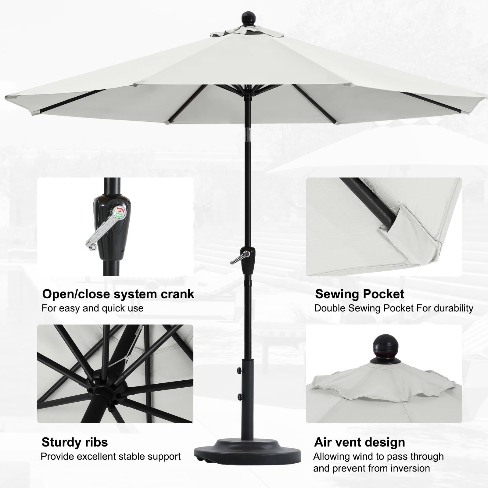 Beige fabric patio umbrella with black metal frame and push button tilt crank by abccanopy for garden and deck use