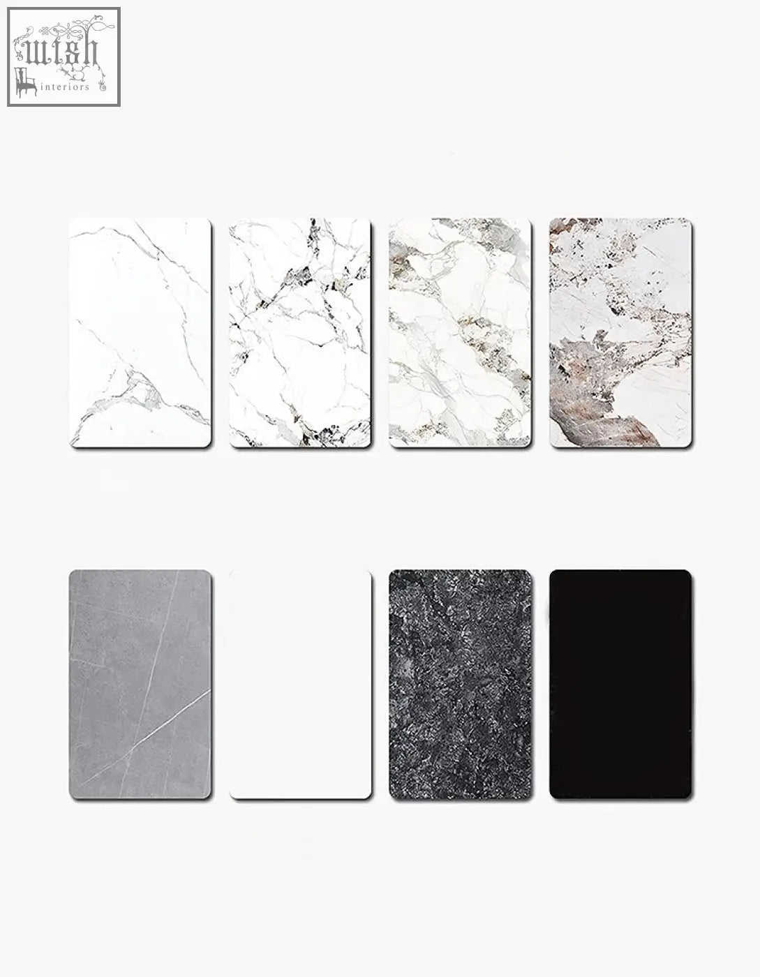 Eight marble-effect panels with white gray veining black and dark gray textures for abdi corner office desk with sintered stone