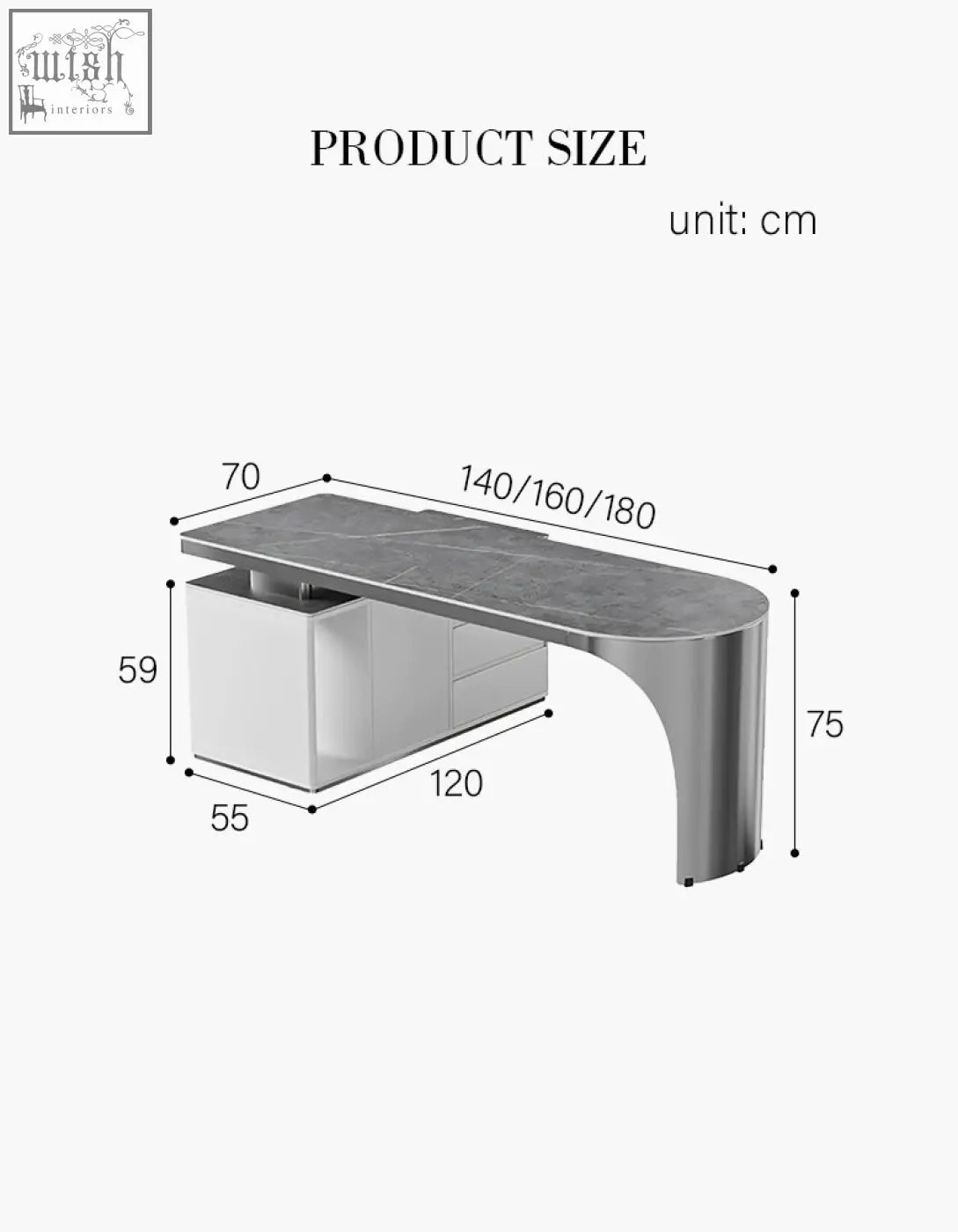 Modern curved corner office desk with sleek gray sintered stone top and white storage cabinet base
