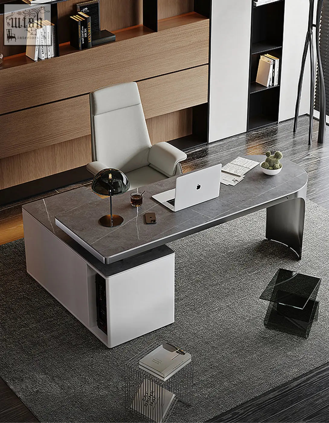 Modern gray marble top abdi corner office desk with white cabinetry and black metal legs made of sintered stone