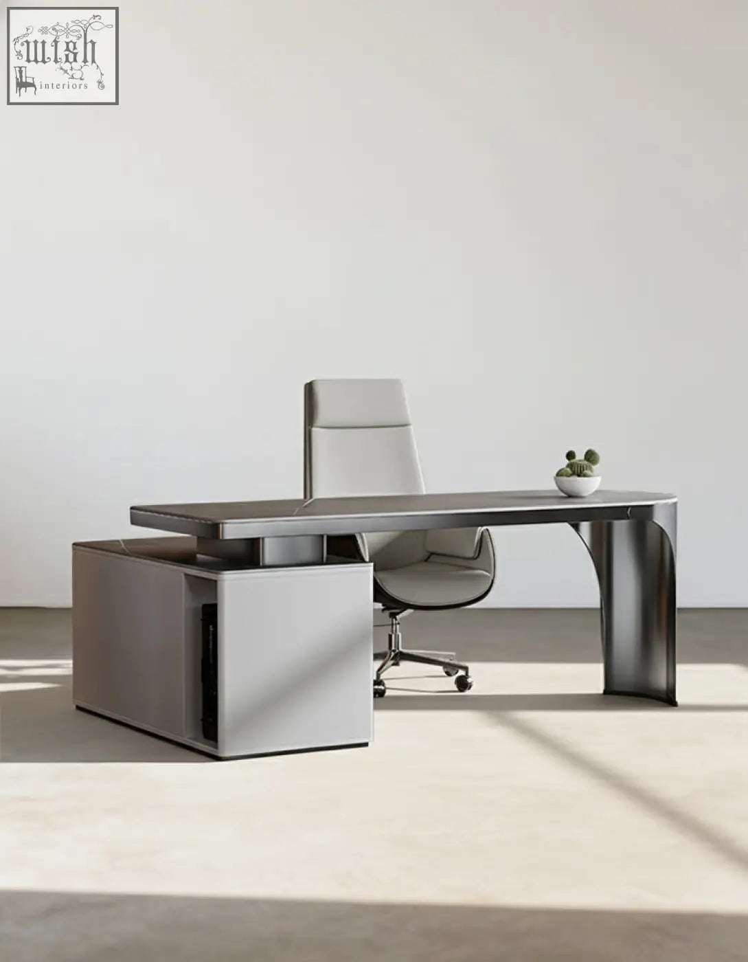Modern gray abdi corner office desk with sleek metallic legs and sintered stone top with matching storage unit