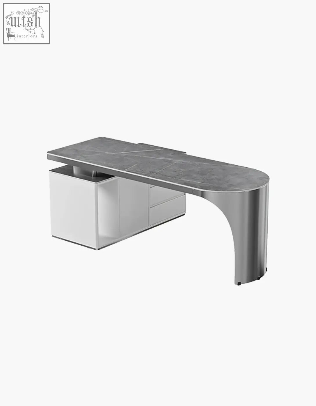 Modern l-shaped corner office desk with sintered stone gray marble top, chrome legs, and white storage drawers