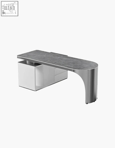 Modern l-shaped corner office desk with sintered stone gray marble top, chrome legs, and white storage drawers