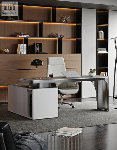 Abdi corner office desk with storage features a sleek white sintered stone top and integrated compartments for minimalist workspace