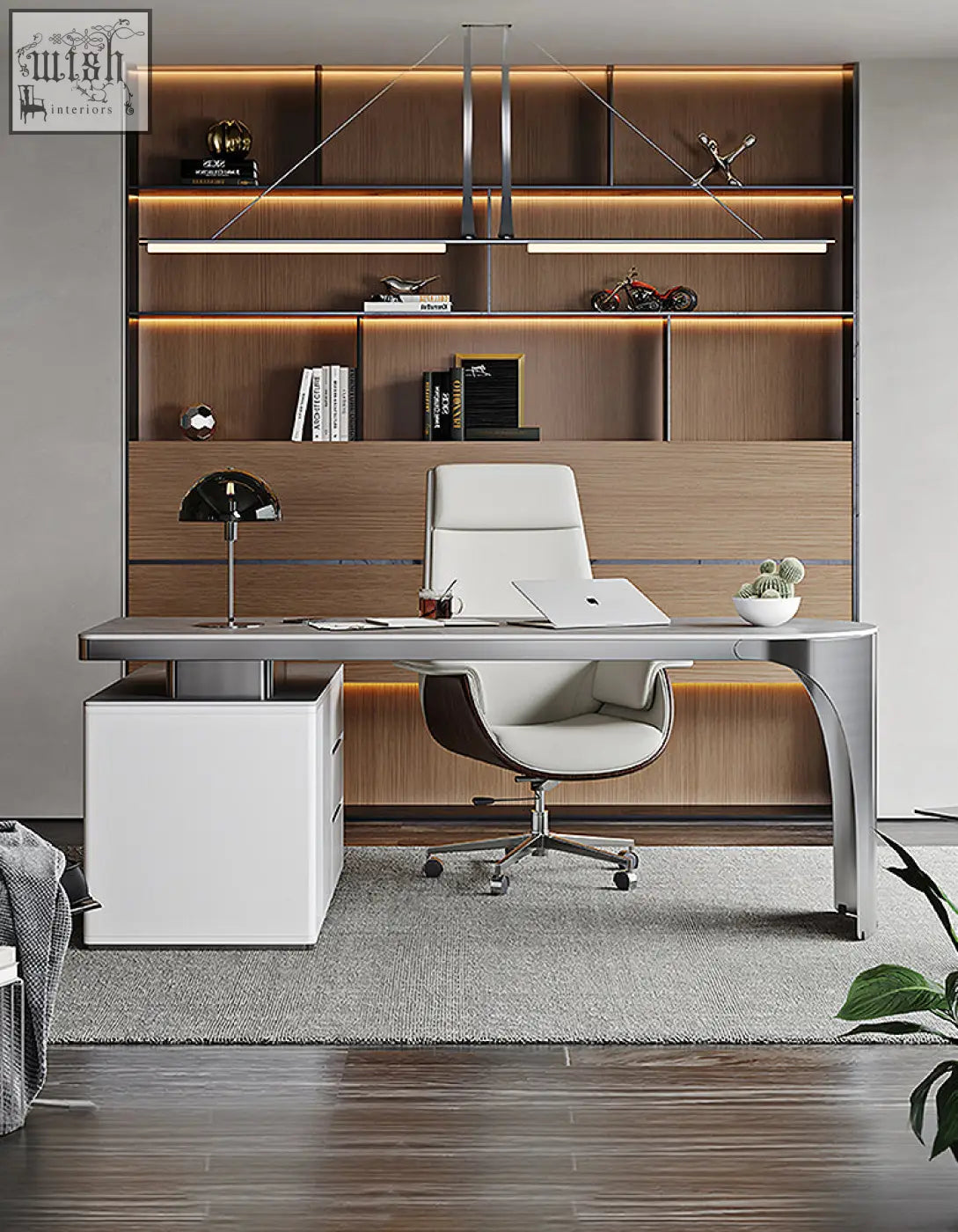 Modern white leather office chair with dark wood accents paired with abdi corner office desk with sintered stone top