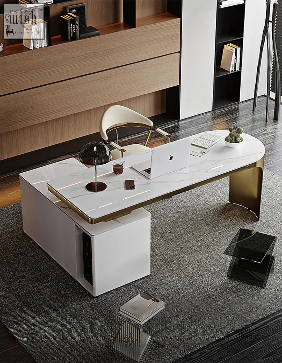 Modern white marble abdi corner office desk with sintered stone top and gold-accented legs for stylish workspace