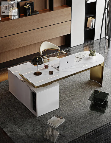 Modern white marble abdi corner office desk with sintered stone top and gold-accented legs for stylish workspace