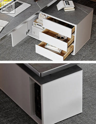 Modern white and gray corner office desk with sleek drawers and sintered stone top for stylish office use