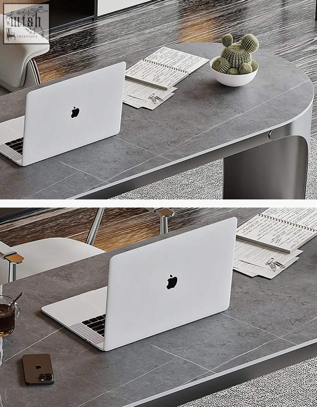 White apple macbook on abdi corner office desk with sintered stone top and storage in minimalist office setup