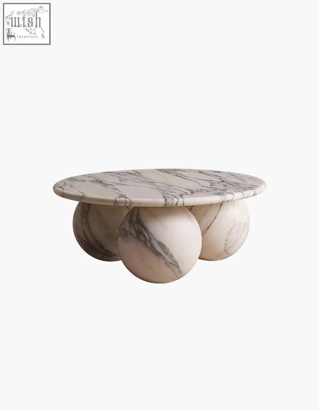 Abdurrahman round coffee table with a sleek white marble top and matching spherical legs is a stylish marble coffee table