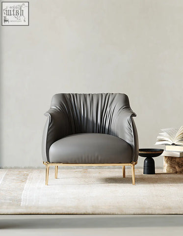 Abelard armchair leather in charcoal gray with sculpted back and gold legs offer financing and low shipping cost options