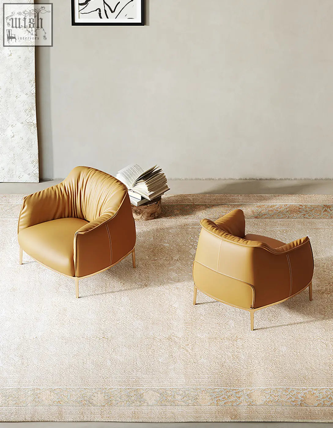 Two mustard-yellow leather abelard armchairs with sleek design and metal legs offer financing and low shipping cost