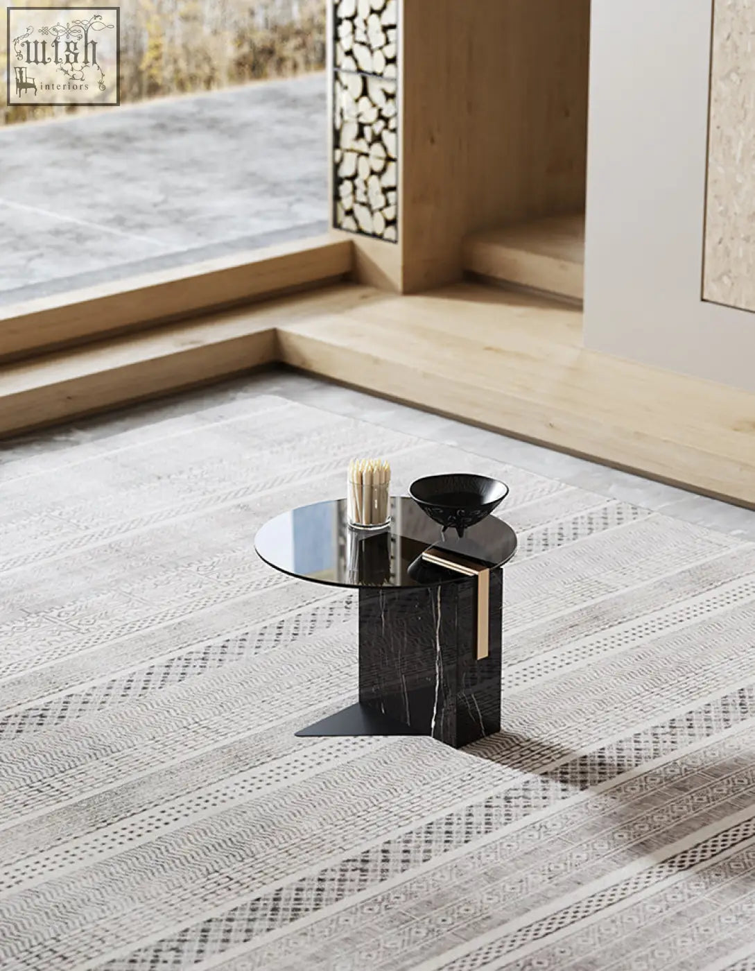 Black marble side table with circular glass top and sleek angular base from aberdeen coffee table set