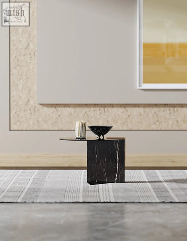 Black marble side table with sleek minimalist design and circular glass top in aberdeen coffee table set