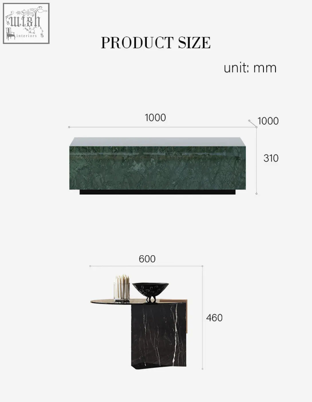 Dark green marble coffee table set with black base and matching circular side table from aberdeen collection