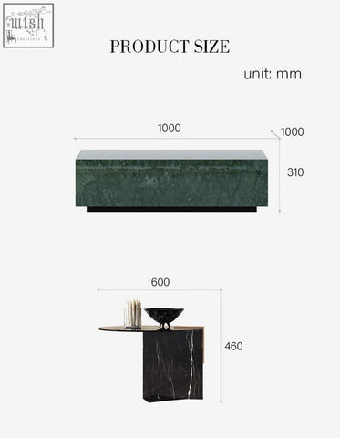 Dark green marble coffee table set with black base and matching circular side table from aberdeen collection