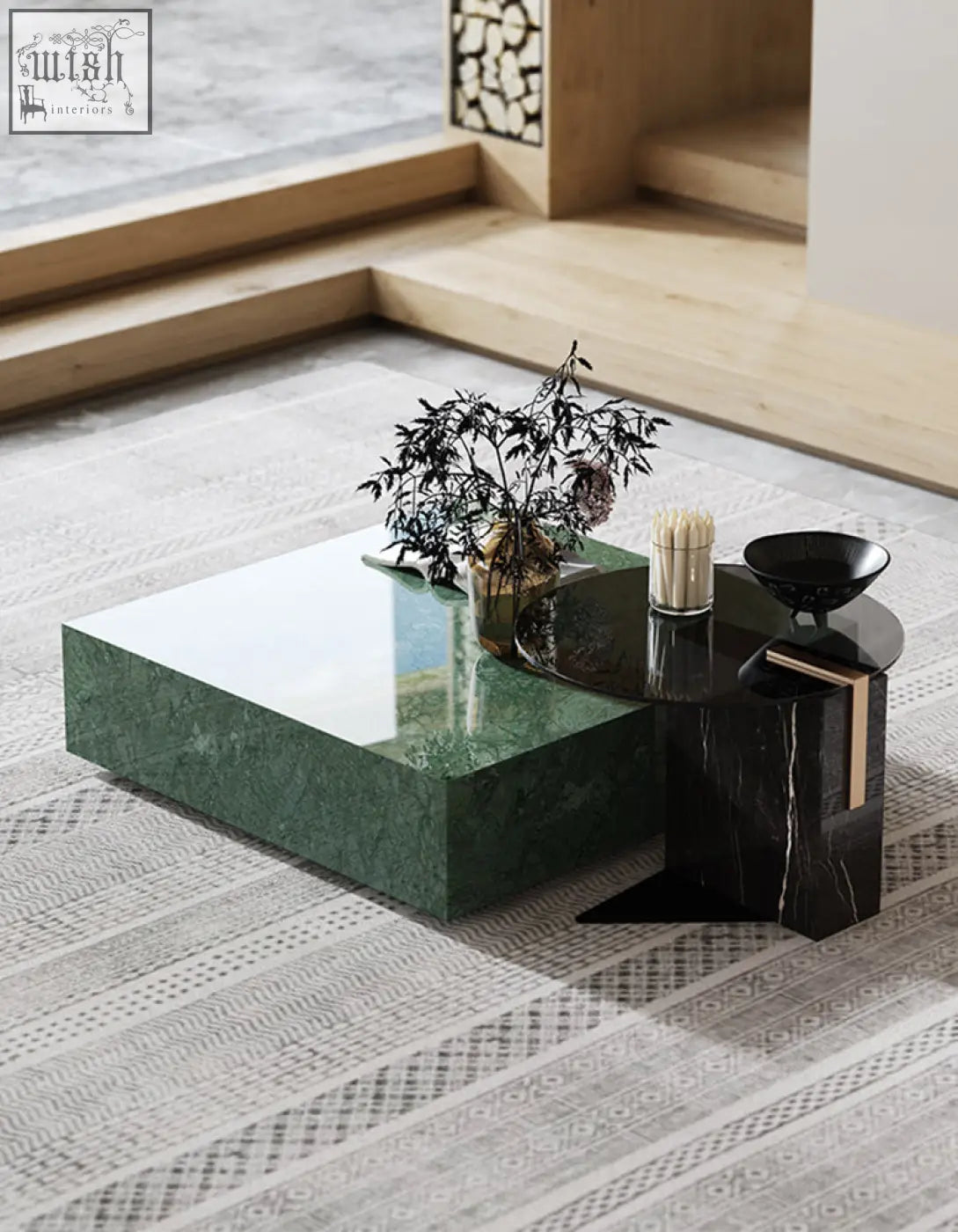 Modern rectangular coffee table set with glossy green marble top and black marble side section in minimalist design