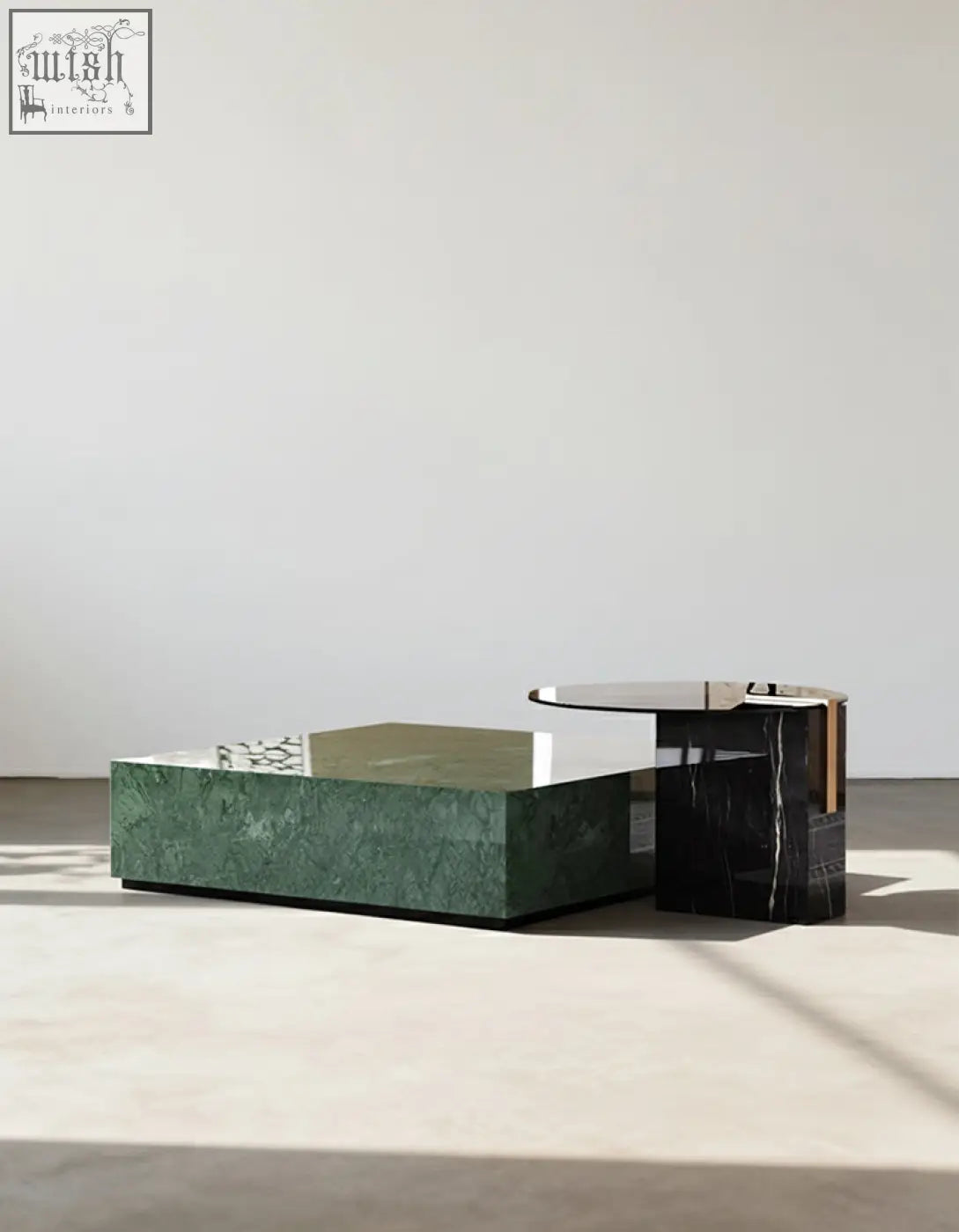 Modern aberdon coffee table set with polished green marble rectangular coffee table and sleek black marble side table