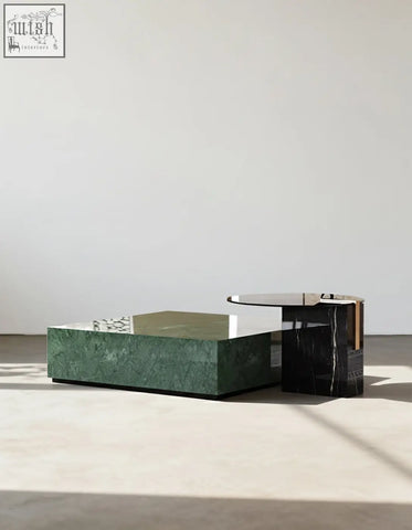 Modern aberdon coffee table set with polished green marble rectangular coffee table and sleek black marble side table