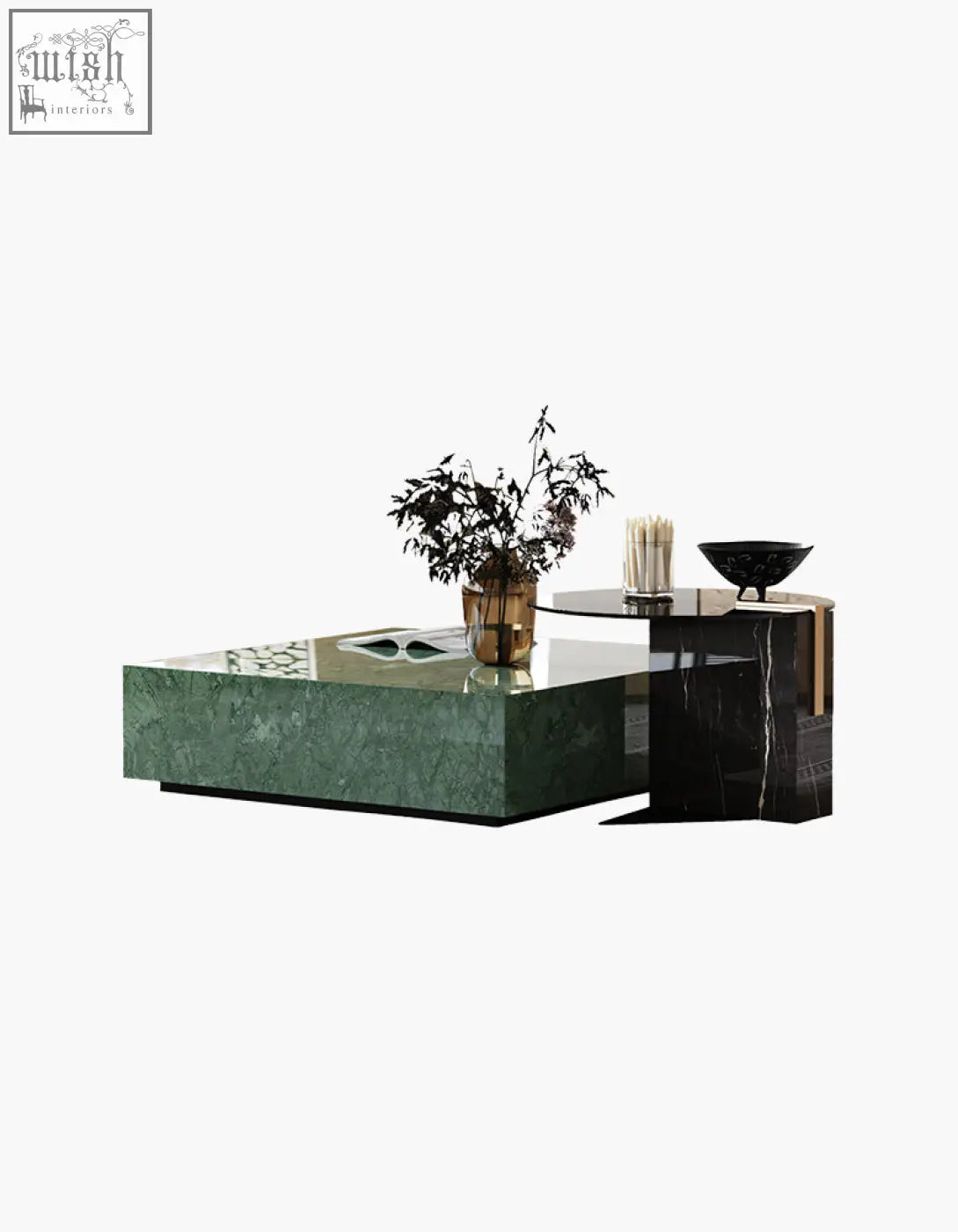 Modern rectangular coffee table set with polished green marble top black base and gold toned legs in aberdeen style