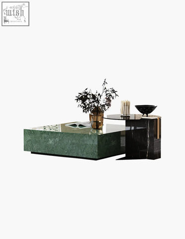 Modern rectangular coffee table set with polished green marble top black base and gold toned legs in aberdeen style