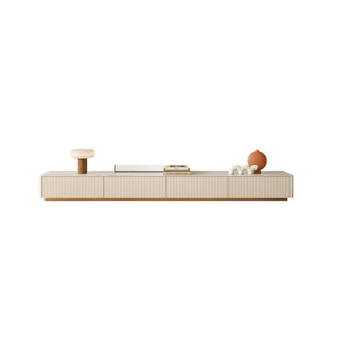 Beige abigail stylish tv stand with vertical ribbed texture and gold-tone base made from sintered stone cream finish