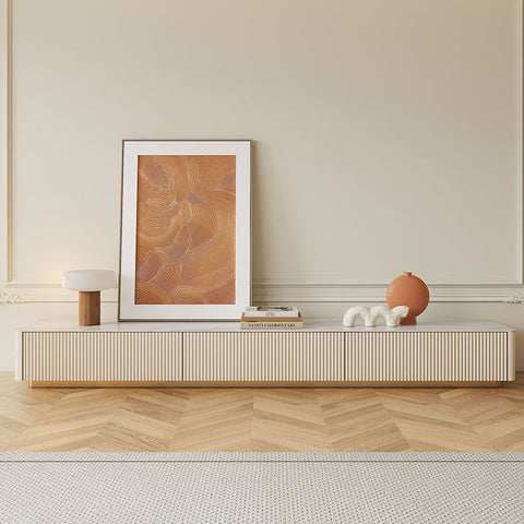 Beige ribbed abigail stylish tv stand with wooden base and legs in cream sintered stone finish