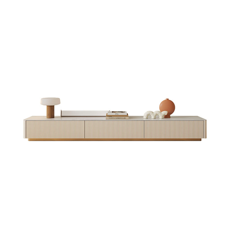 Abigail stylish tv stand with beige sintered stone finish and warm wood base featuring vertical grain detailing